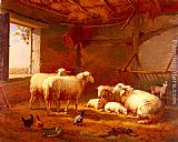 Sheep With Chickens And A Goat In A Barn